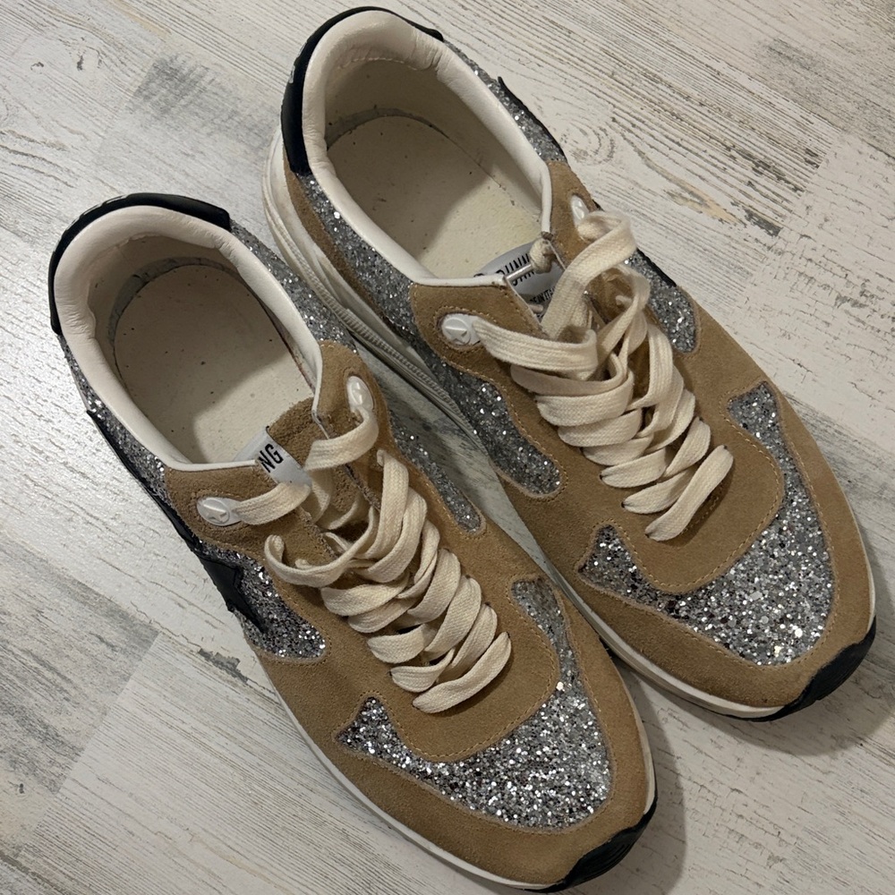 Golden Goose Tan and Silver Glitter Sneakers - Picture 5 of 16